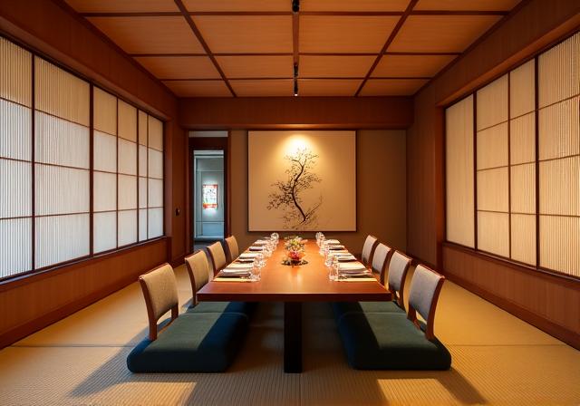 亀色のエレガントな個室。伝統的な日本風の装飾が施され、6名用にセッティングされている。