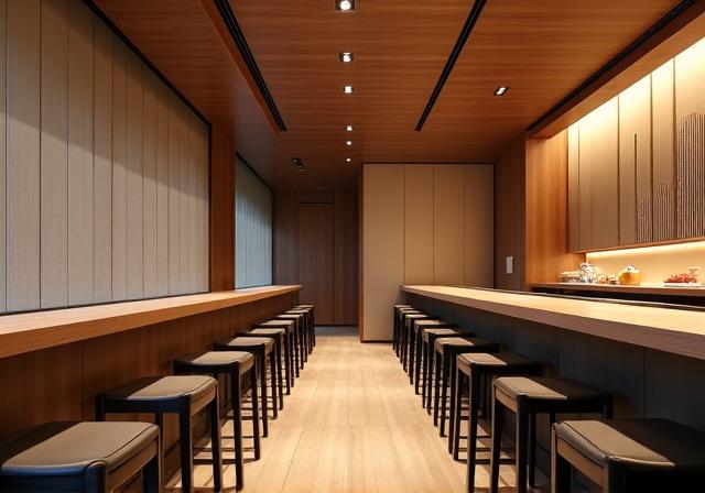 閑静でミニマリストな亀色の店内。清潔な木のカウンターと柔らかな照明